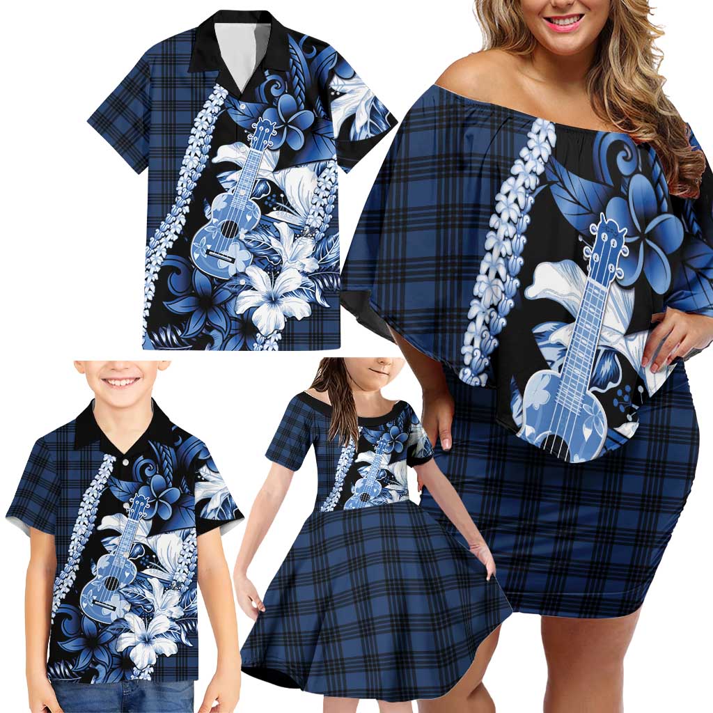 Hawaii Ukulele Family Matching Off Shoulder Short Dress and Hawaiian Shirt Tropical Flowers With Palaka Effect Blue Version - Polynesian Pride