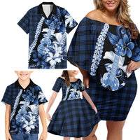 Hawaii Ukulele Family Matching Off Shoulder Short Dress and Hawaiian Shirt Tropical Flowers With Palaka Effect Blue Version LT05 - Polynesian Pride