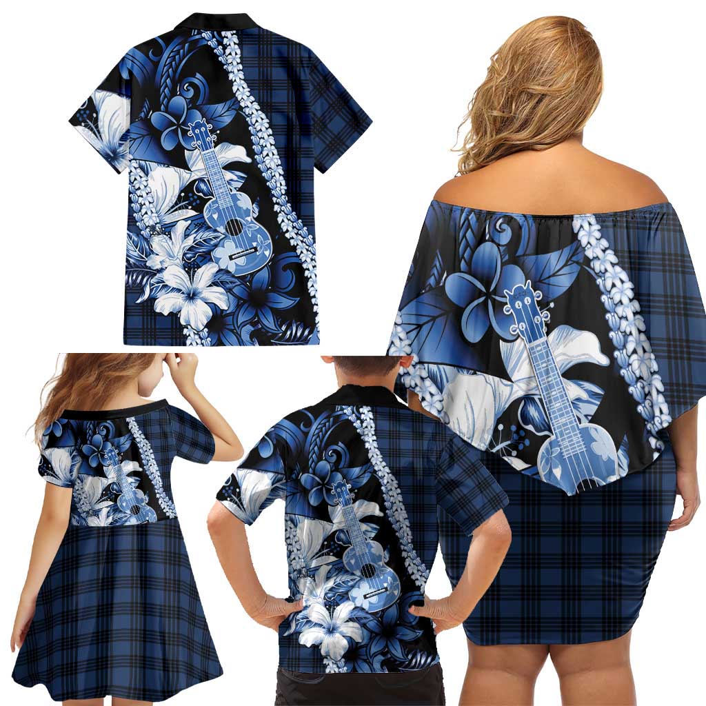 Hawaii Ukulele Family Matching Off Shoulder Short Dress and Hawaiian Shirt Tropical Flowers With Palaka Effect Blue Version LT05 - Polynesian Pride