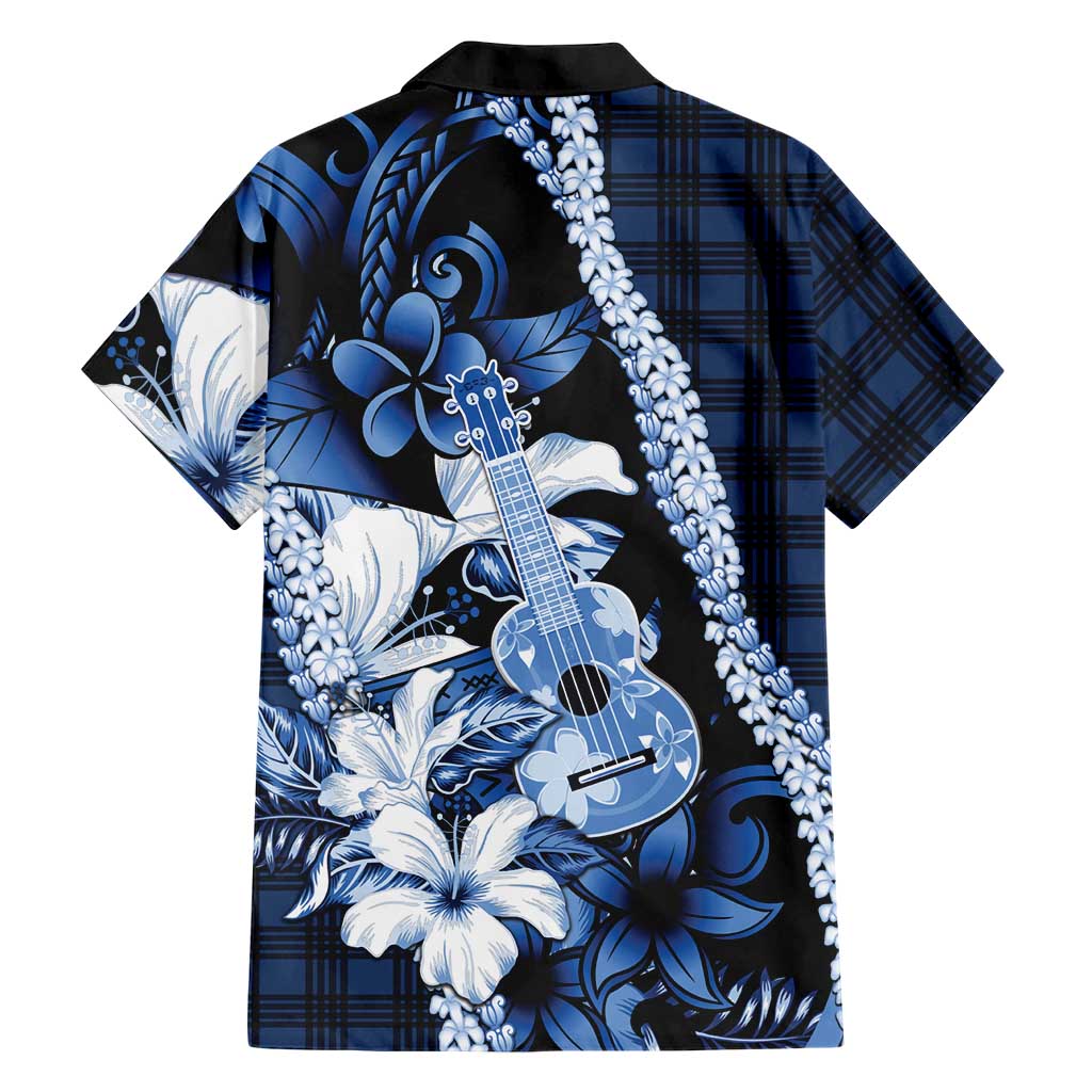 Hawaii Ukulele Family Matching Off Shoulder Short Dress and Hawaiian Shirt Tropical Flowers With Palaka Effect Blue Version LT05 - Polynesian Pride