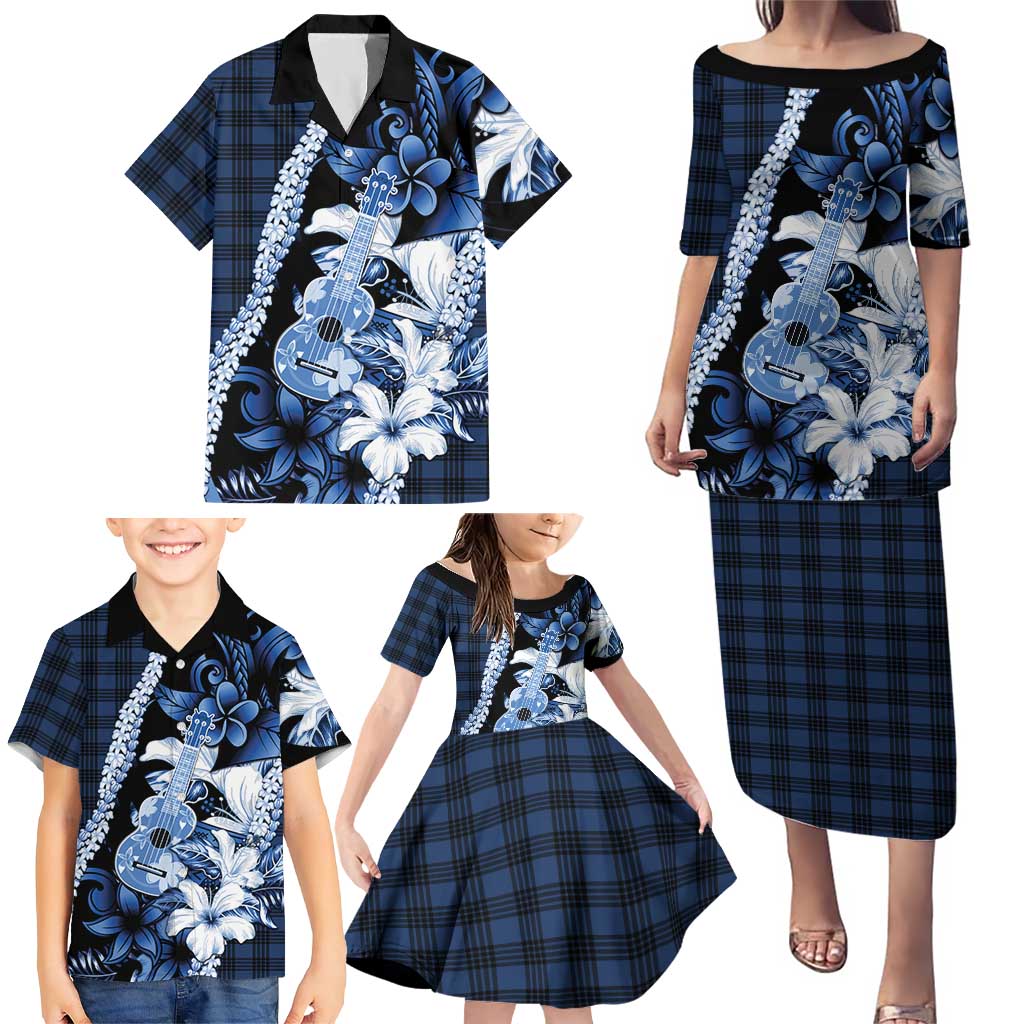 Hawaii Ukulele Family Matching Puletasi and Hawaiian Shirt Tropical Flowers With Palaka Effect Blue Version LT05 - Polynesian Pride