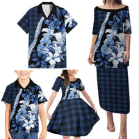 Hawaii Ukulele Family Matching Puletasi and Hawaiian Shirt Tropical Flowers With Palaka Effect Blue Version LT05 - Polynesian Pride