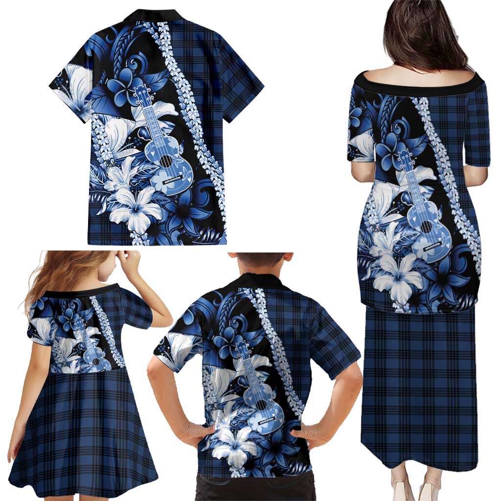 Hawaii Ukulele Family Matching Puletasi and Hawaiian Shirt Tropical Flowers With Palaka Effect Blue Version LT05 - Polynesian Pride