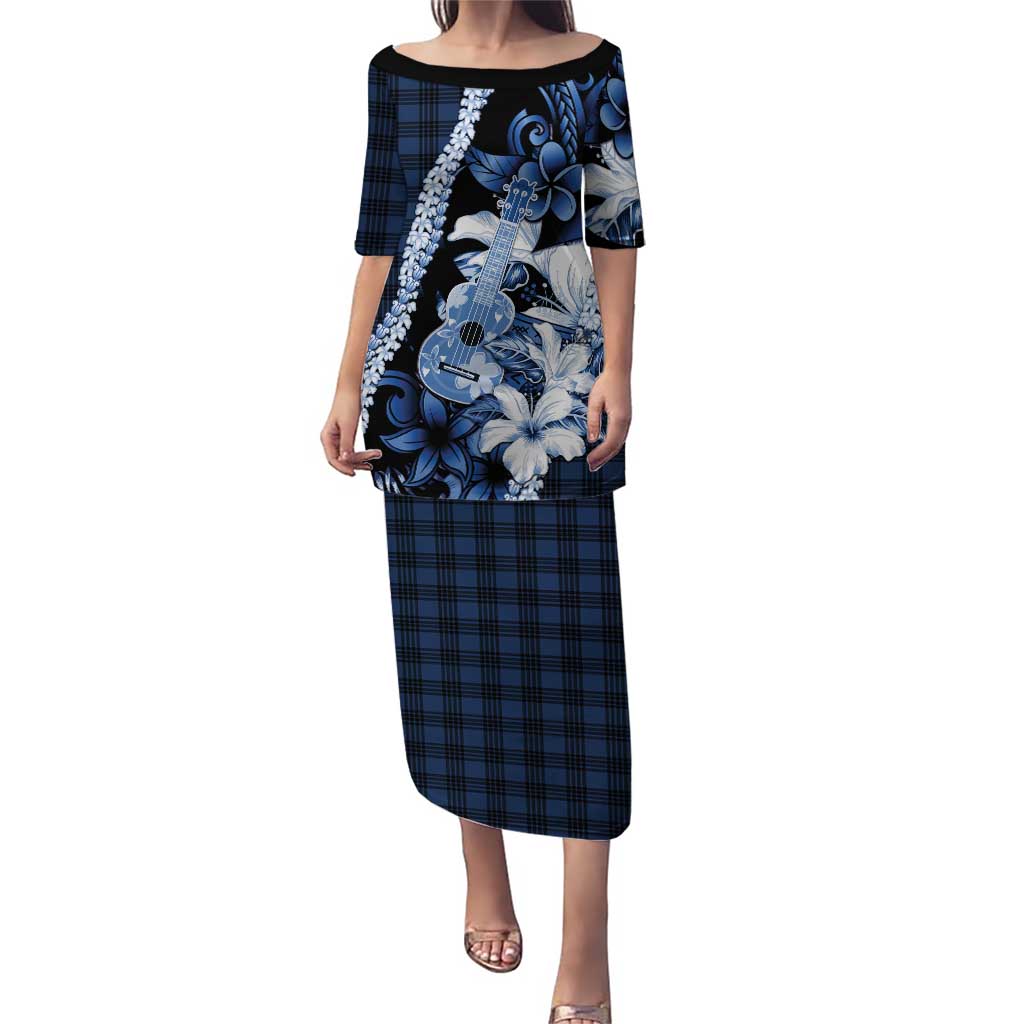 Hawaii Ukulele Family Matching Puletasi and Hawaiian Shirt Tropical Flowers With Palaka Effect Blue Version LT05 Mom's Dress Blue - Polynesian Pride