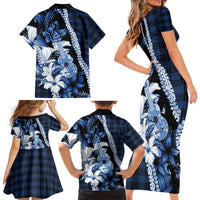 Hawaii Ukulele Family Matching Short Sleeve Bodycon Dress and Hawaiian Shirt Tropical Flowers With Palaka Effect Blue Version LT05 - Polynesian Pride