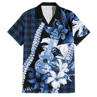 Hawaii Ukulele Family Matching Short Sleeve Bodycon Dress and Hawaiian Shirt Tropical Flowers With Palaka Effect Blue Version LT05 Dad's Shirt - Short Sleeve Blue - Polynesian Pride