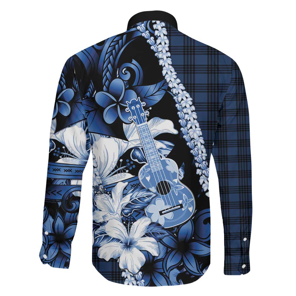 Hawaii Ukulele Family Matching Short Sleeve Bodycon Dress and Hawaiian Shirt Tropical Flowers With Palaka Effect Blue Version LT05 - Polynesian Pride