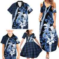 Hawaii Ukulele Family Matching Summer Maxi Dress and Hawaiian Shirt Tropical Flowers With Palaka Effect Blue Version LT05 - Polynesian Pride