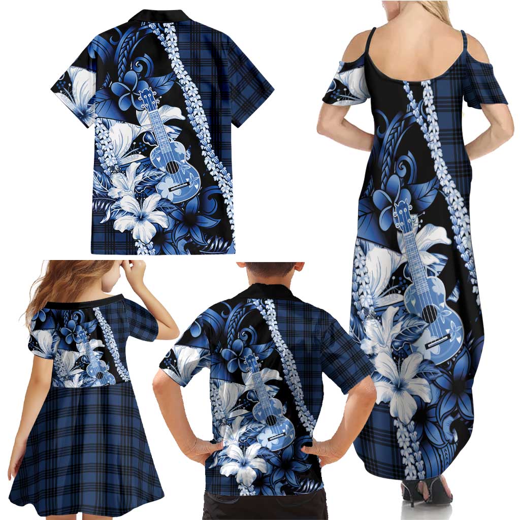 Hawaii Ukulele Family Matching Summer Maxi Dress and Hawaiian Shirt Tropical Flowers With Palaka Effect Blue Version LT05 - Polynesian Pride