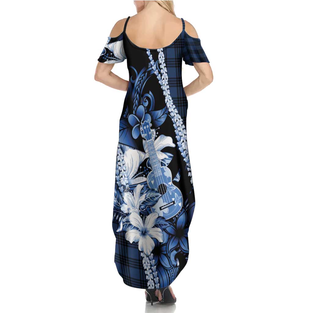 Hawaii Ukulele Family Matching Summer Maxi Dress and Hawaiian Shirt Tropical Flowers With Palaka Effect Blue Version LT05 - Polynesian Pride