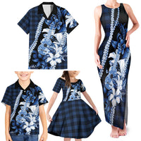 Hawaii Ukulele Family Matching Tank Maxi Dress and Hawaiian Shirt Tropical Flowers With Palaka Effect Blue Version LT05 - Polynesian Pride