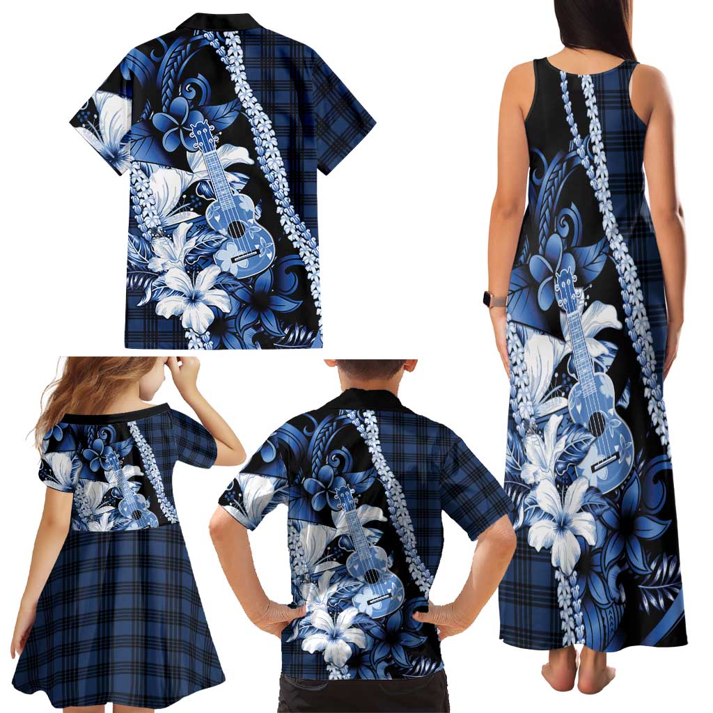 Hawaii Ukulele Family Matching Tank Maxi Dress and Hawaiian Shirt Tropical Flowers With Palaka Effect Blue Version LT05 - Polynesian Pride