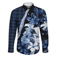Hawaii Ukulele Family Matching Tank Maxi Dress and Hawaiian Shirt Tropical Flowers With Palaka Effect Blue Version LT05 Dad's Shirt - Long Sleeve Blue - Polynesian Pride