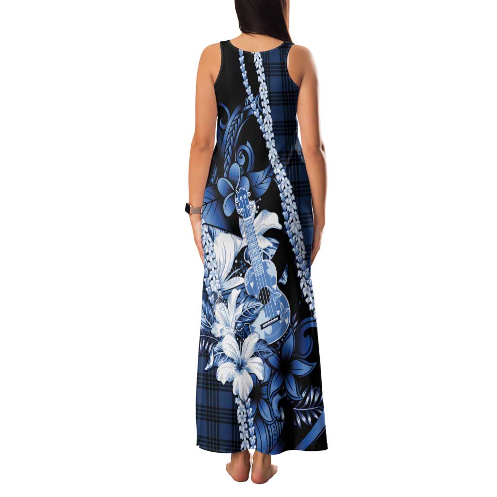 Hawaii Ukulele Family Matching Tank Maxi Dress and Hawaiian Shirt Tropical Flowers With Palaka Effect Blue Version LT05 - Polynesian Pride
