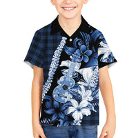 Hawaii Ukulele Kid Hawaiian Shirt Tropical Flowers With Palaka Effect Blue Version LT05 Kid Blue - Polynesian Pride