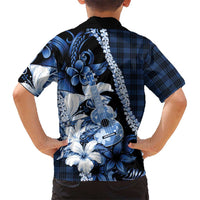 Hawaii Ukulele Kid Hawaiian Shirt Tropical Flowers With Palaka Effect Blue Version LT05 - Polynesian Pride