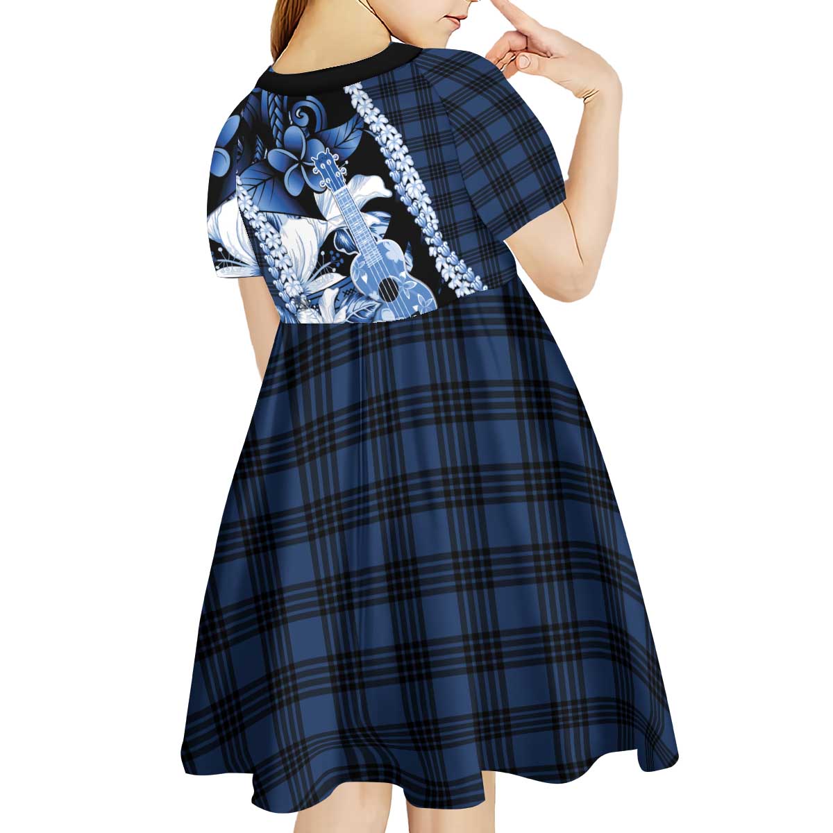 Hawaii Ukulele Kid Short Sleeve Dress Tropical Flowers With Palaka Effect Blue Version - Polynesian Pride