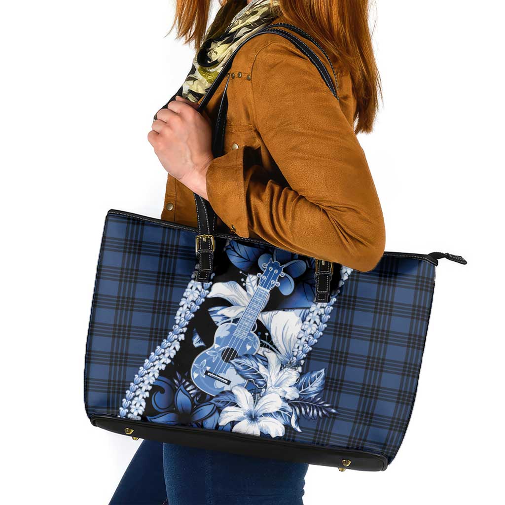 Hawaii Ukulele Leather Tote Bag Tropical Flowers With Palaka Effect Blue Version - Polynesian Pride