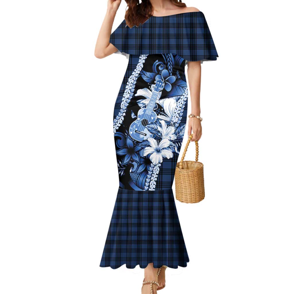 Hawaii Ukulele Mermaid Dress Tropical Flowers With Palaka Effect Blue Version LT05 Women Blue - Polynesian Pride