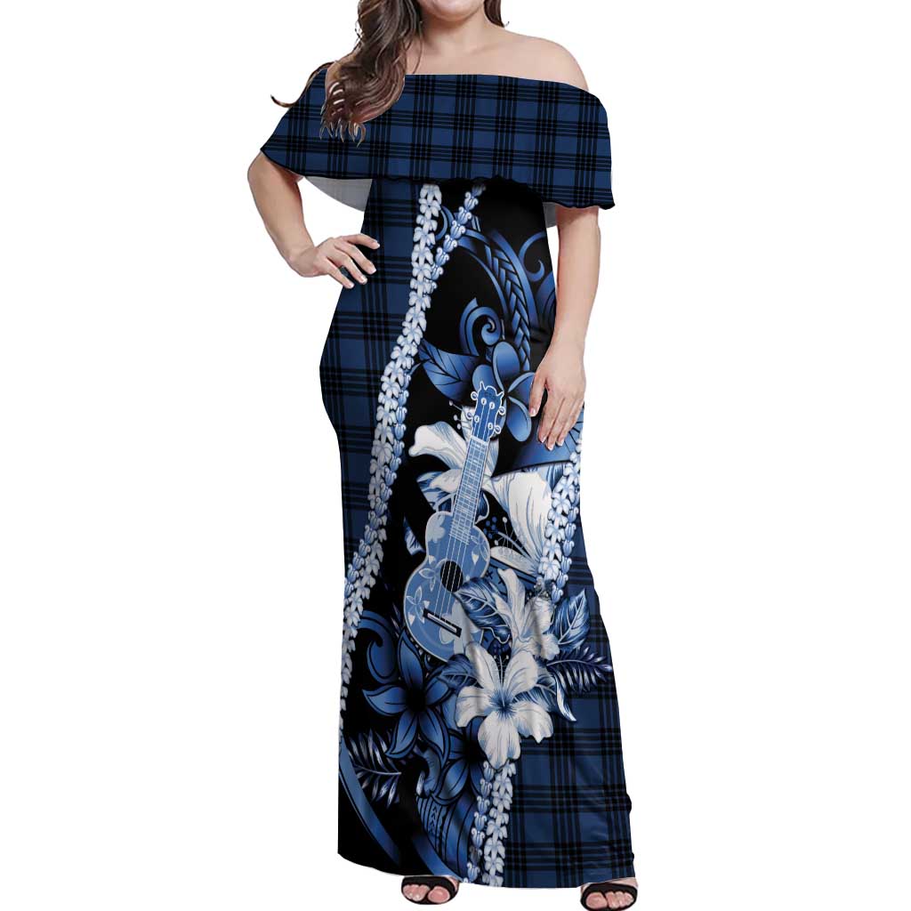 Hawaii Ukulele Off Shoulder Maxi Dress Tropical Flowers With Palaka Effect Blue Version LT05 Women Blue - Polynesian Pride