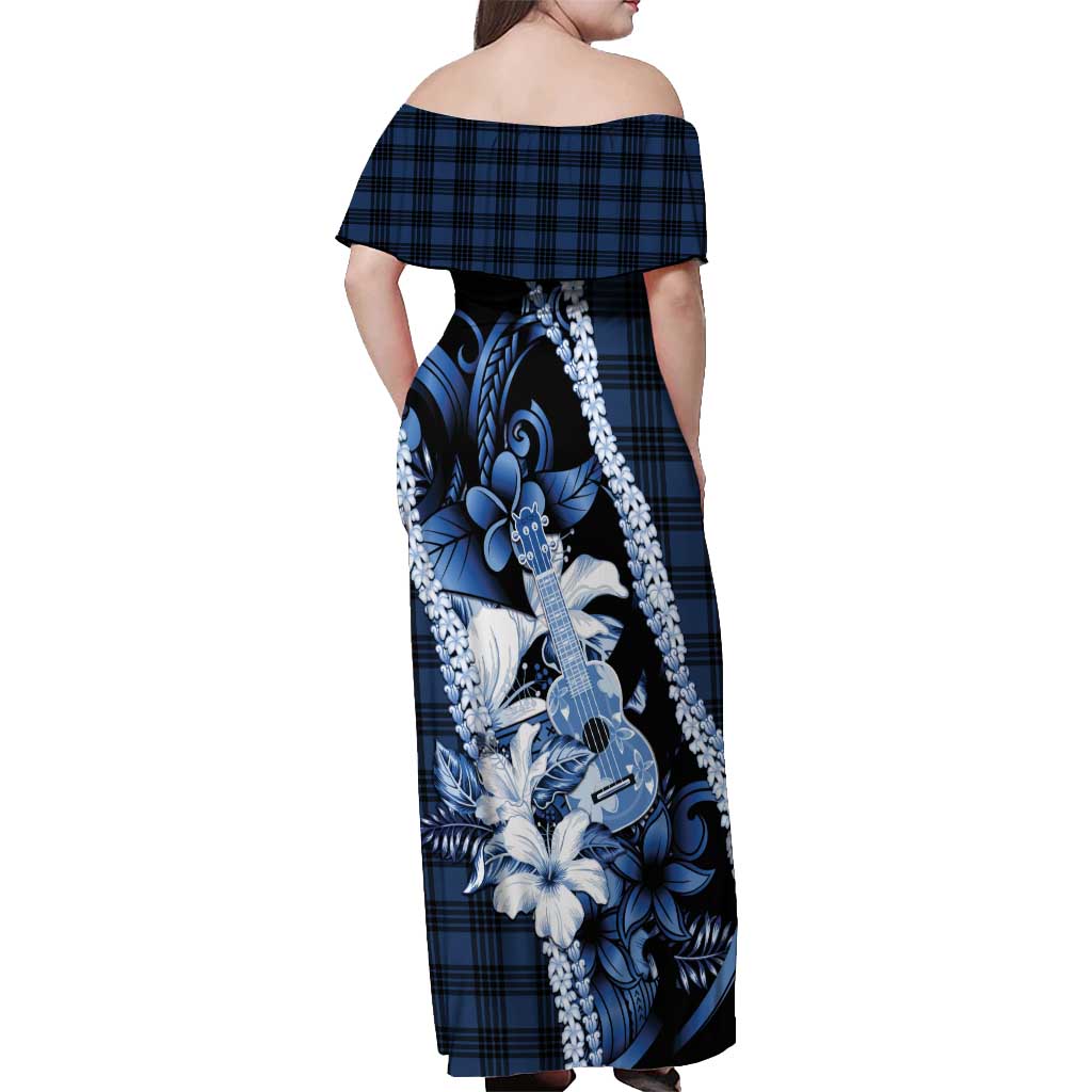 Hawaii Ukulele Off Shoulder Maxi Dress Tropical Flowers With Palaka Effect Blue Version LT05 - Polynesian Pride