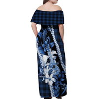 Hawaii Ukulele Off Shoulder Maxi Dress Tropical Flowers With Palaka Effect Blue Version LT05 - Polynesian Pride
