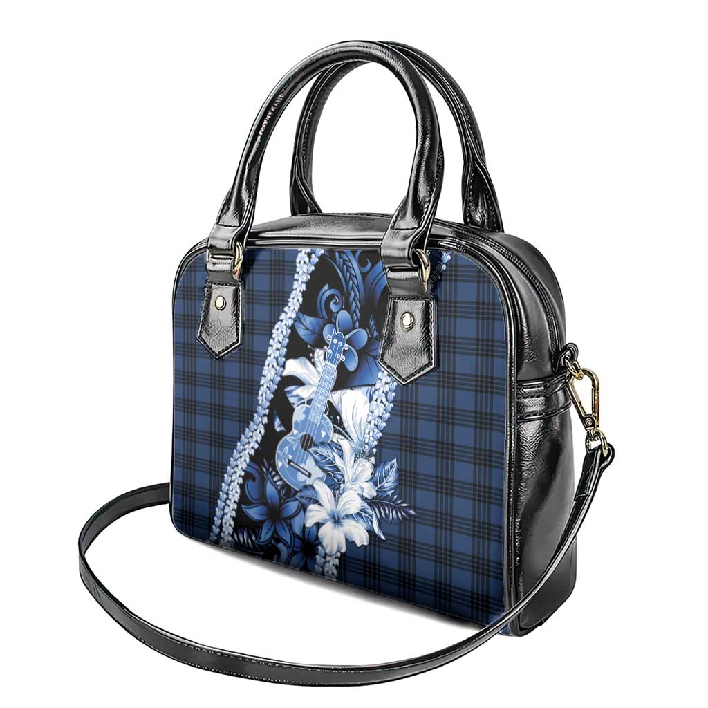Hawaii Ukulele Shoulder Handbag Tropical Flowers With Palaka Effect Blue Version - Polynesian Pride