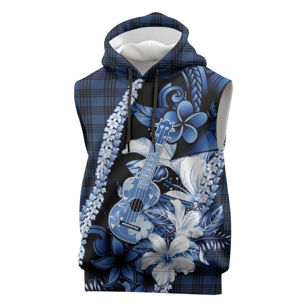 Hawaii Ukulele Sleeveless Hoodie Tropical Flowers With Palaka Effect Blue Version LT05 Blue - Polynesian Pride