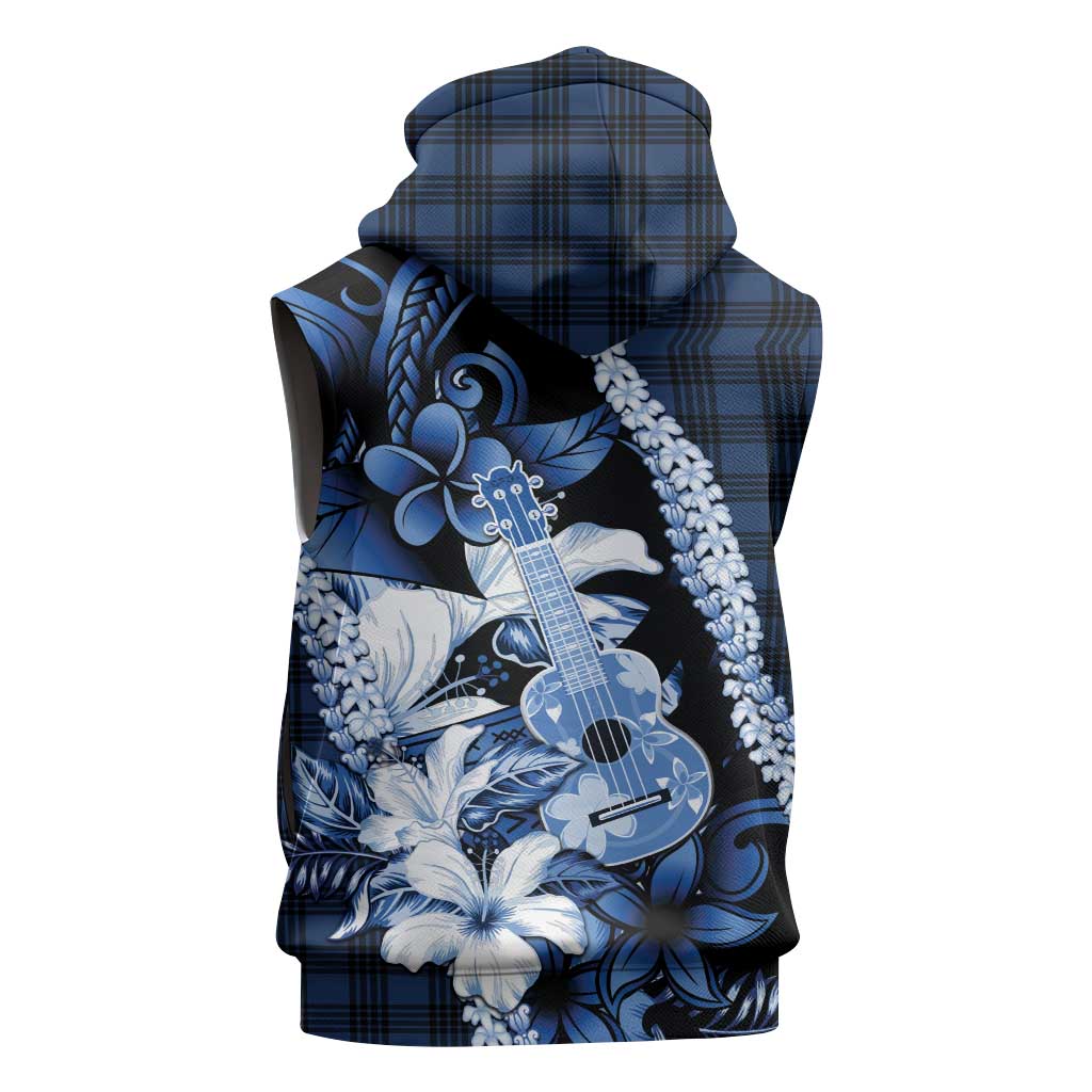 Hawaii Ukulele Sleeveless Hoodie Tropical Flowers With Palaka Effect Blue Version LT05 - Polynesian Pride