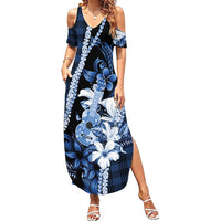 Hawaii Ukulele Summer Maxi Dress Tropical Flowers With Palaka Effect Blue Version - Polynesian Pride