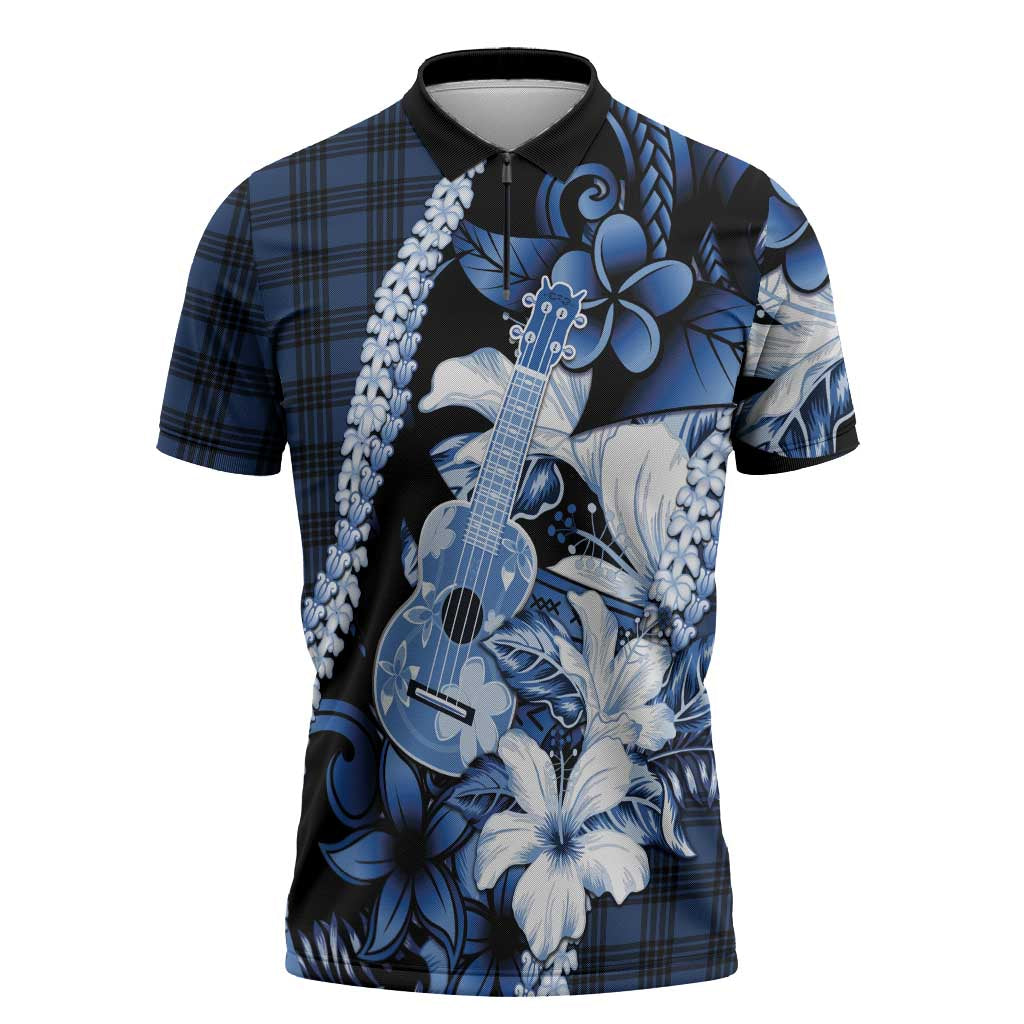 Hawaii Ukulele Zipper Polo Shirt Tropical Flowers With Palaka Effect Blue Version - Polynesian Pride