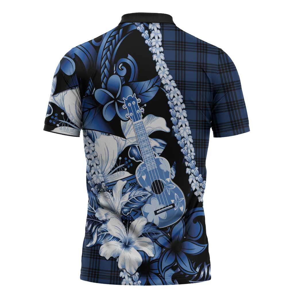 Hawaii Ukulele Zipper Polo Shirt Tropical Flowers With Palaka Effect Blue Version - Polynesian Pride