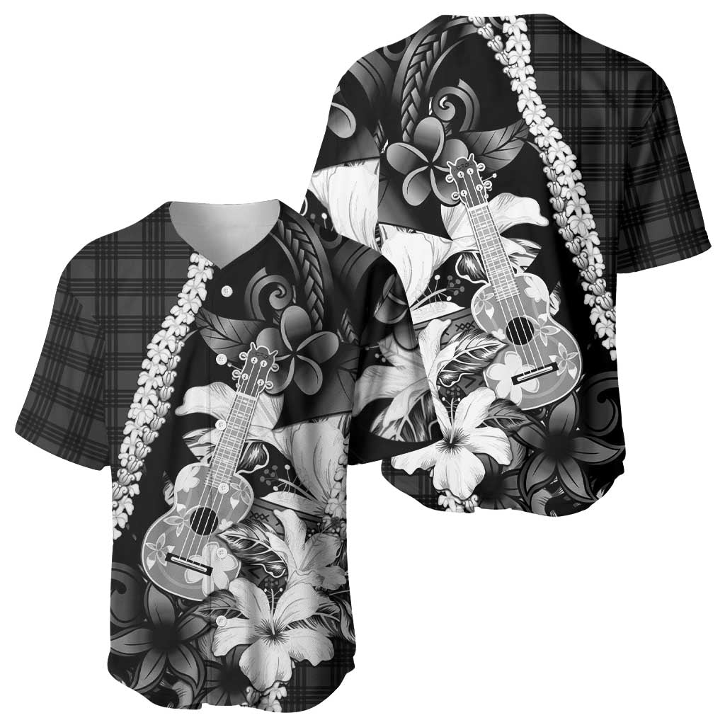 Hawaii Ukulele Baseball Jersey Tropical Flowers With Palaka Effect Black Version - Polynesian Pride