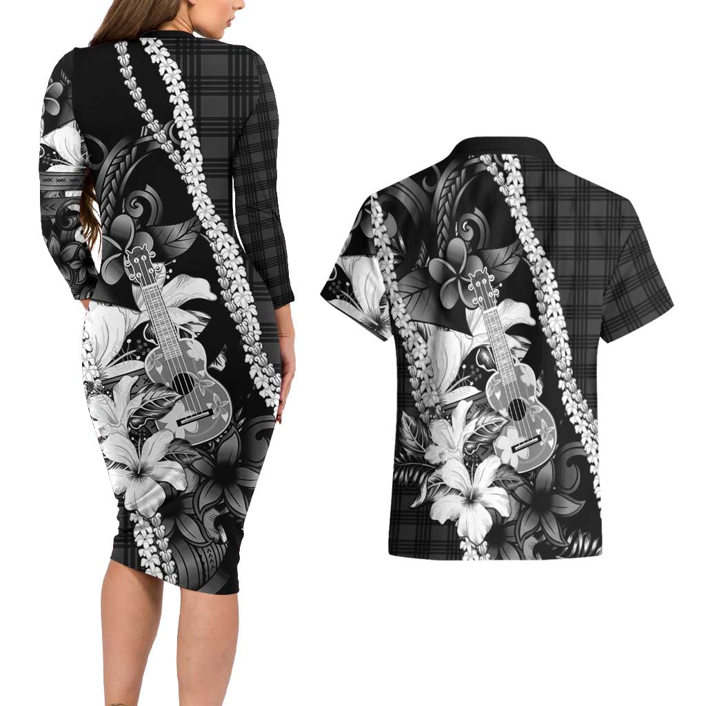 Hawaii Ukulele Couples Matching Long Sleeve Bodycon Dress and Hawaiian Shirt Tropical Flowers With Palaka Effect Black Version LT05 - Polynesian Pride