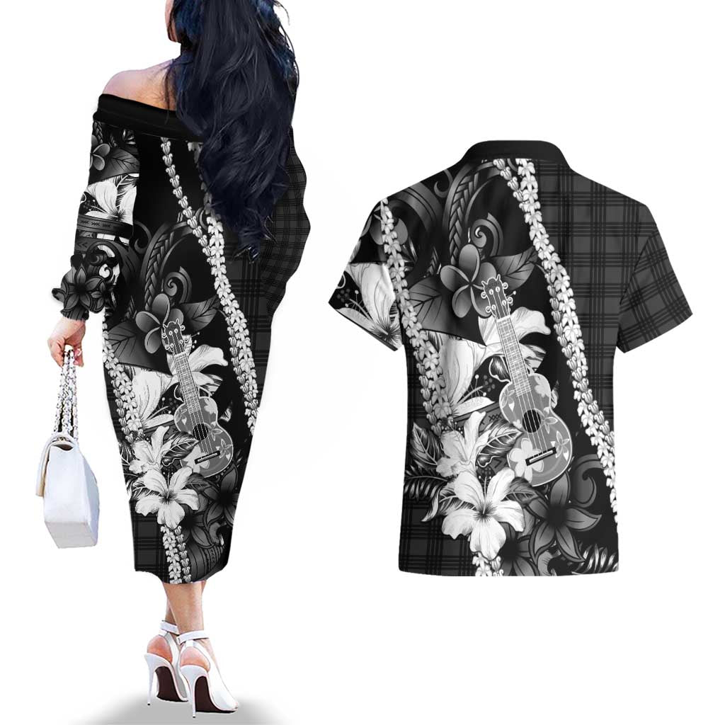 Hawaii Ukulele Couples Matching Off The Shoulder Long Sleeve Dress and Hawaiian Shirt Tropical Flowers With Palaka Effect Black Version LT05 - Polynesian Pride