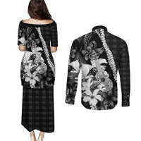 Hawaii Ukulele Couples Matching Puletasi and Long Sleeve Button Shirt Tropical Flowers With Palaka Effect Black Version - Polynesian Pride