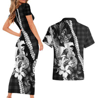 Hawaii Ukulele Couples Matching Short Sleeve Bodycon Dress and Hawaiian Shirt Tropical Flowers With Palaka Effect Black Version LT05 - Polynesian Pride