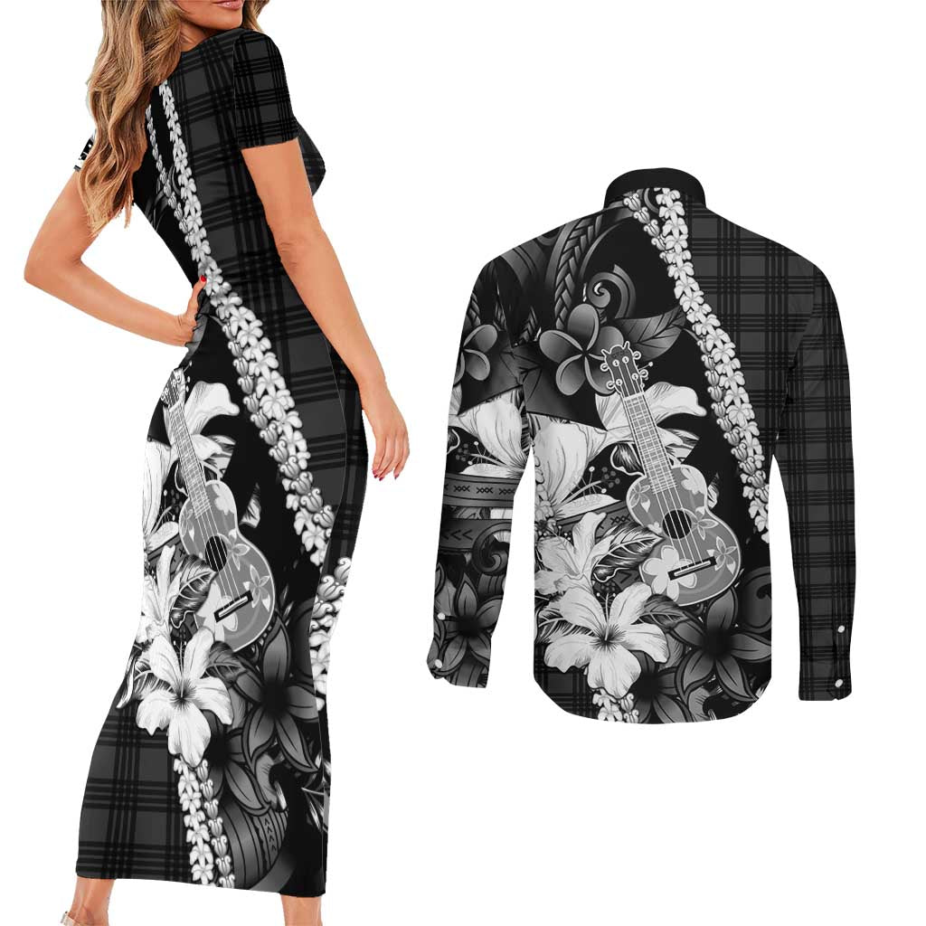 Hawaii Ukulele Couples Matching Short Sleeve Bodycon Dress and Long Sleeve Button Shirt Tropical Flowers With Palaka Effect Black Version - Polynesian Pride