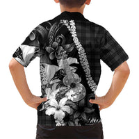 Hawaii Ukulele Family Matching Long Sleeve Bodycon Dress and Hawaiian Shirt Tropical Flowers With Palaka Effect Black Version LT05 - Polynesian Pride