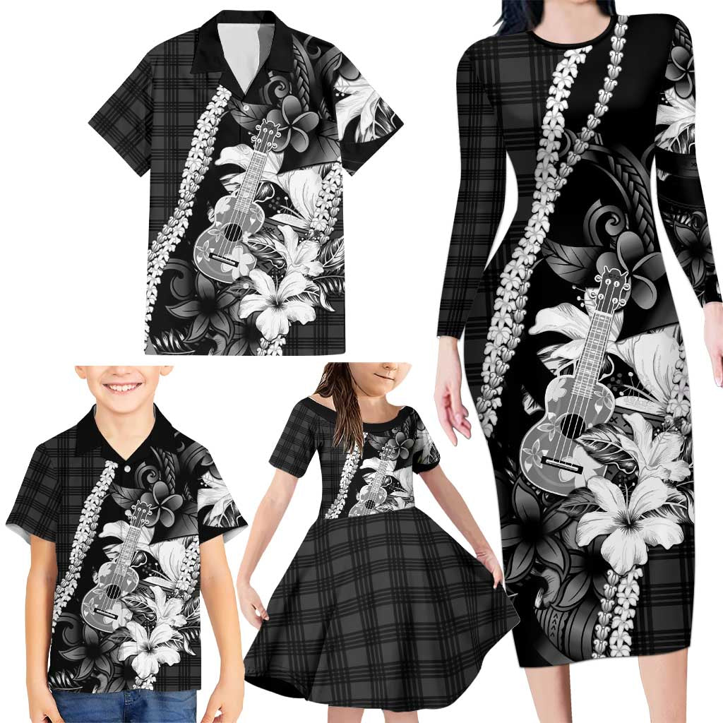 Hawaii Ukulele Family Matching Long Sleeve Bodycon Dress and Hawaiian Shirt Tropical Flowers With Palaka Effect Black Version LT05 - Polynesian Pride