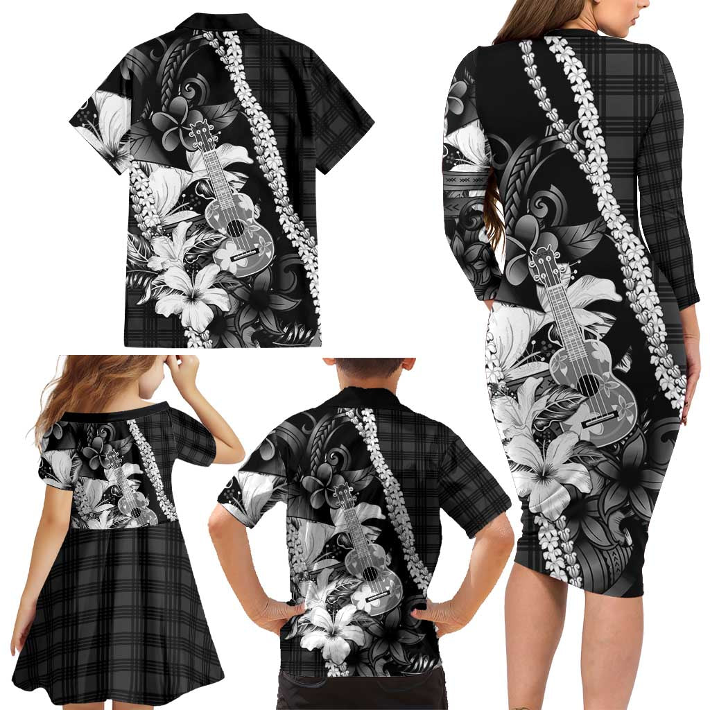 Hawaii Ukulele Family Matching Long Sleeve Bodycon Dress and Hawaiian Shirt Tropical Flowers With Palaka Effect Black Version LT05 - Polynesian Pride