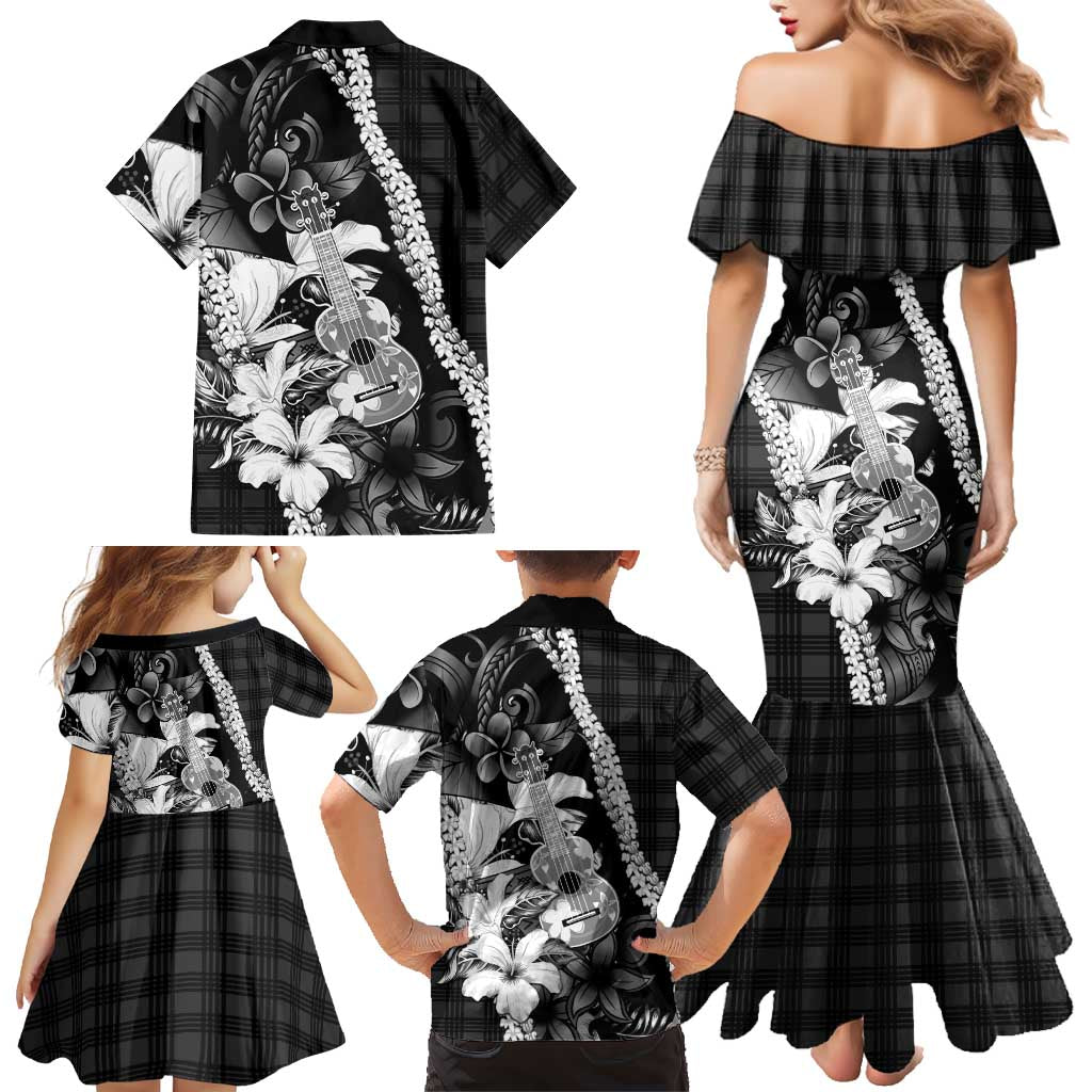 Hawaii Ukulele Family Matching Mermaid Dress and Hawaiian Shirt Tropical Flowers With Palaka Effect Black Version LT05 - Polynesian Pride