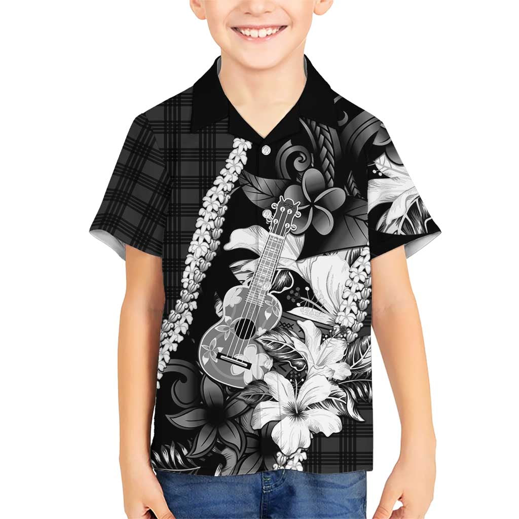 Hawaii Ukulele Family Matching Mermaid Dress and Hawaiian Shirt Tropical Flowers With Palaka Effect Black Version LT05 Son's Shirt Black - Polynesian Pride
