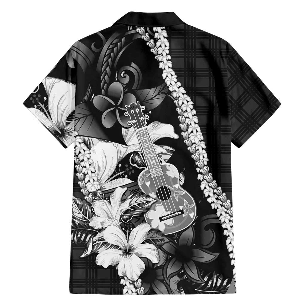 Hawaii Ukulele Family Matching Off The Shoulder Long Sleeve Dress and Hawaiian Shirt Tropical Flowers With Palaka Effect Black Version LT05 - Polynesian Pride