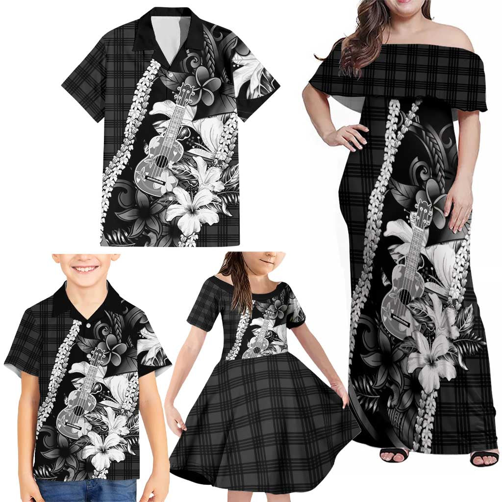 Hawaii Ukulele Family Matching Off Shoulder Maxi Dress and Hawaiian Shirt Tropical Flowers With Palaka Effect Black Version LT05 - Polynesian Pride