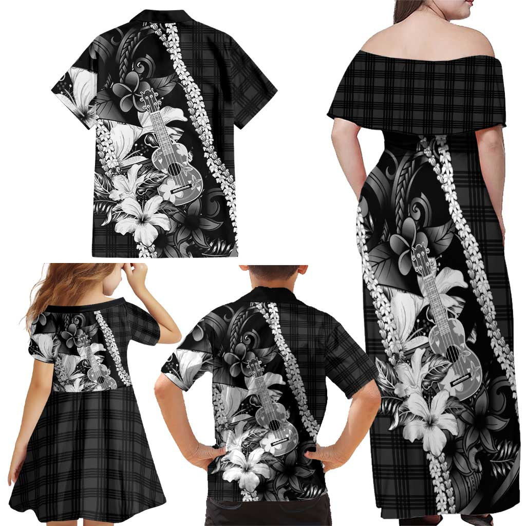 Hawaii Ukulele Family Matching Off Shoulder Maxi Dress and Hawaiian Shirt Tropical Flowers With Palaka Effect Black Version LT05 - Polynesian Pride
