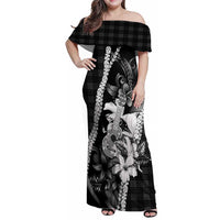Hawaii Ukulele Family Matching Off Shoulder Maxi Dress and Hawaiian Shirt Tropical Flowers With Palaka Effect Black Version LT05 Mom's Dress Black - Polynesian Pride
