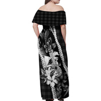 Hawaii Ukulele Family Matching Off Shoulder Maxi Dress and Hawaiian Shirt Tropical Flowers With Palaka Effect Black Version LT05 - Polynesian Pride