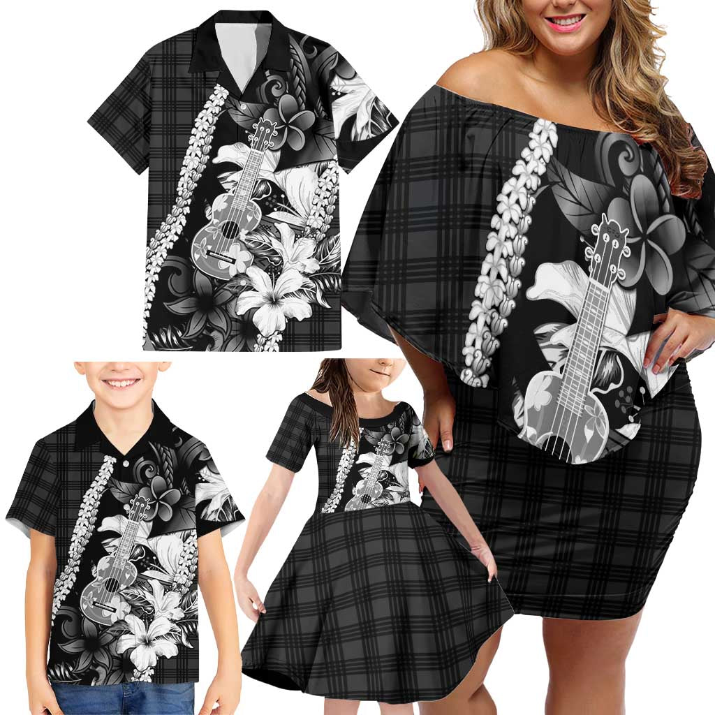 Hawaii Ukulele Family Matching Off Shoulder Short Dress and Hawaiian Shirt Tropical Flowers With Palaka Effect Black Version LT05 - Polynesian Pride