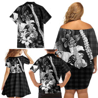 Hawaii Ukulele Family Matching Off Shoulder Short Dress and Hawaiian Shirt Tropical Flowers With Palaka Effect Black Version LT05 - Polynesian Pride